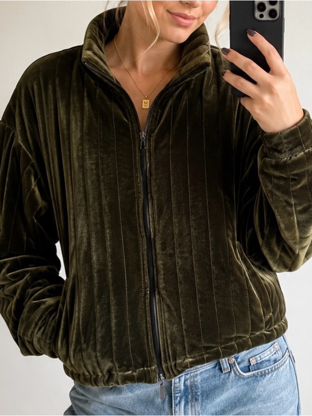 Lysse Olive Velvet Quilted Zip-Up Bomber Jacket